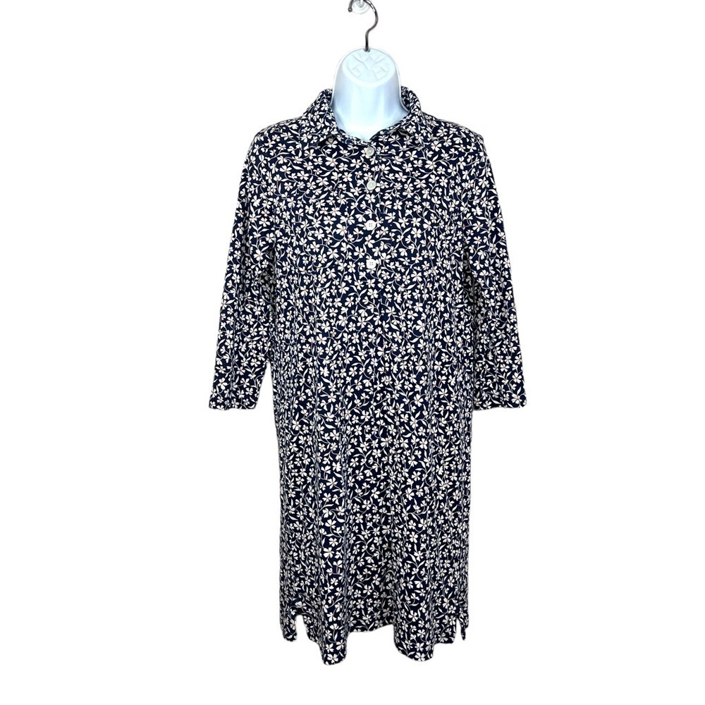 Lands End Blue Floral Cotton Dress Collared Stretch Knee Length